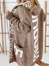 Amsoin Letter Print Pocket Hooded Knit Cardigan