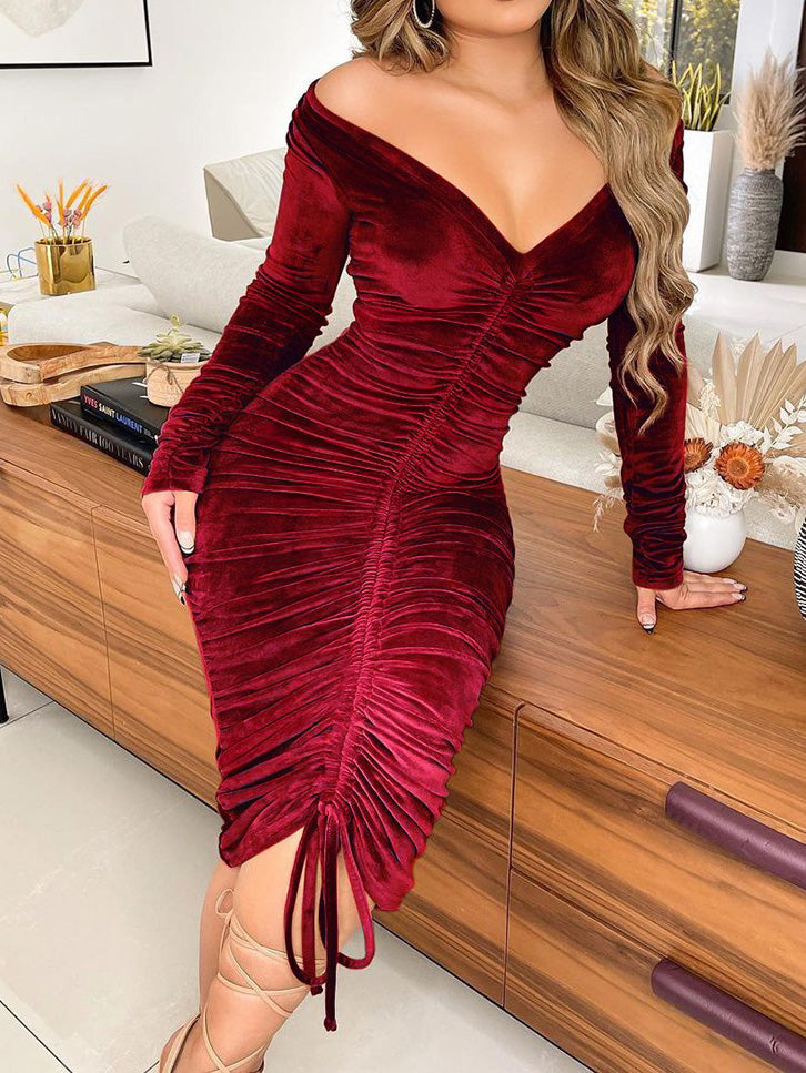 Amsoin Gold Velvet Drawstring Long Sleeve Dress