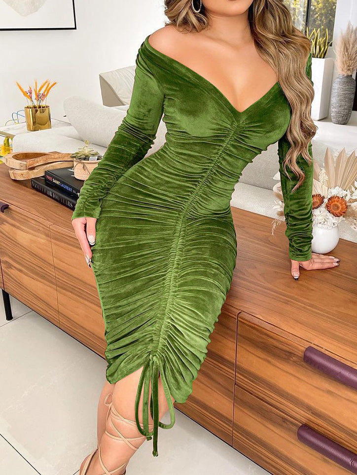 Amsoin Gold Velvet Drawstring Long Sleeve Dress