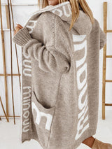 Amsoin Letter Print Pocket Hooded Knit Cardigan