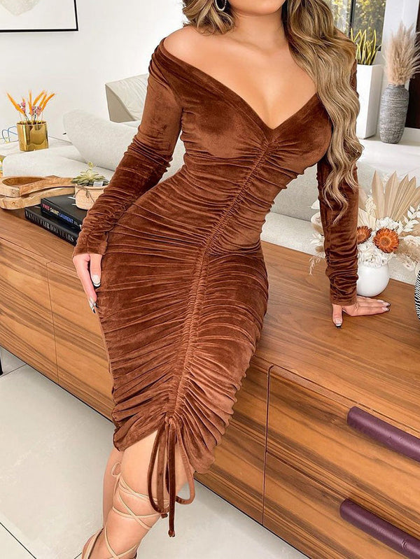 Amsoin Gold Velvet Drawstring Long Sleeve Dress