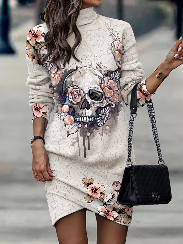 Amsoin Turtleneck Long Sleeve Print Dress