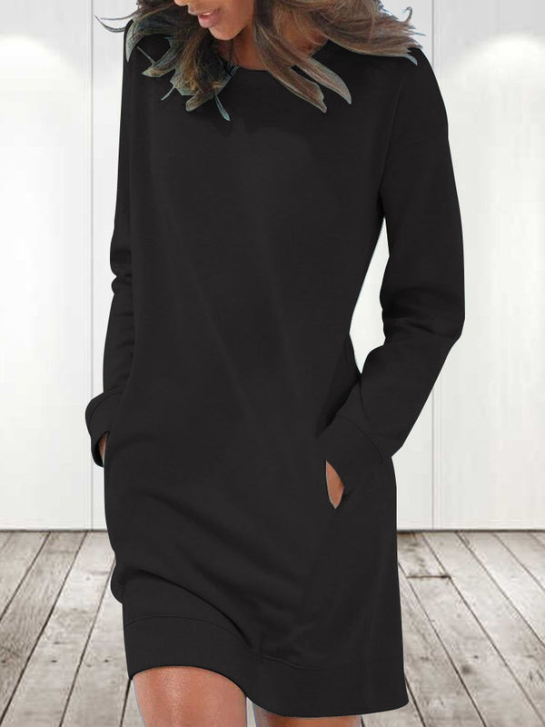 Amsoin Solid Crew Neck Long Sleeve Pocket Dress