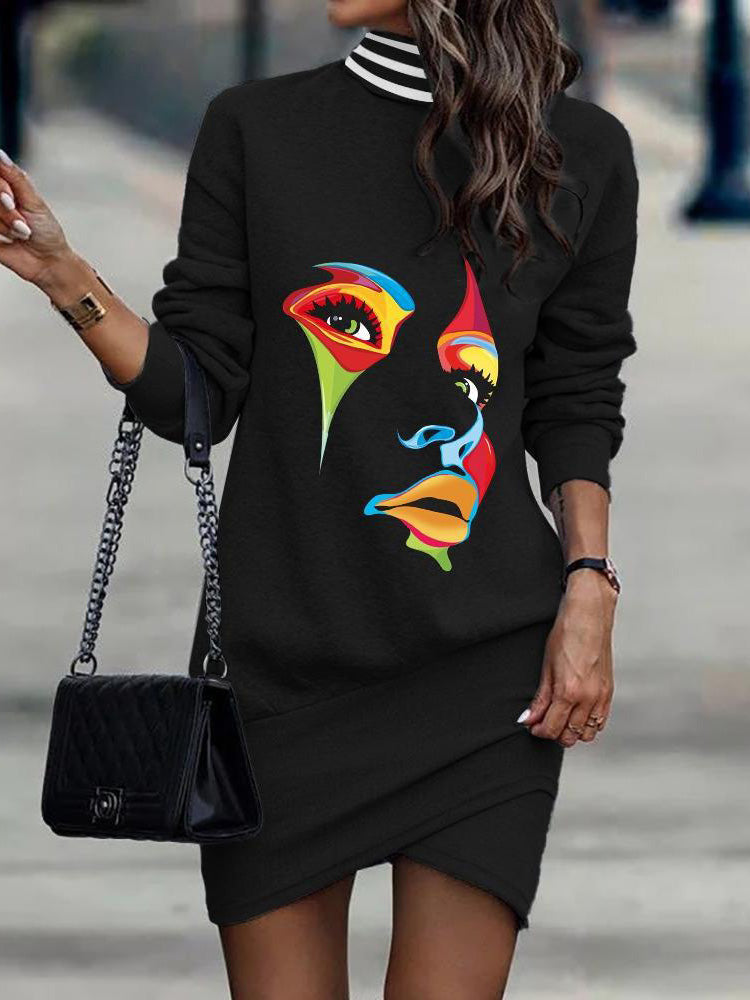 Amsoin Turtleneck Long Sleeve Print Dress