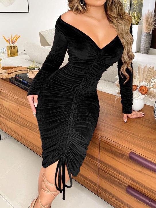 Amsoin Gold Velvet Drawstring Long Sleeve Dress
