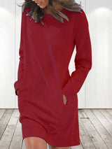 Amsoin Solid Crew Neck Long Sleeve Pocket Dress