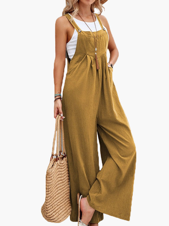 Amsoin Solid Pocket Wide Leg Casual Jumpsuit