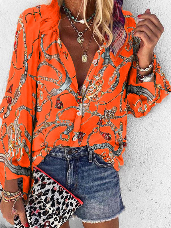 Amsoin Chain Print Stand Collar Long Sleeve Blouse