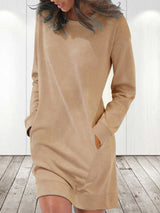 Amsoin Solid Crew Neck Long Sleeve Pocket Dress
