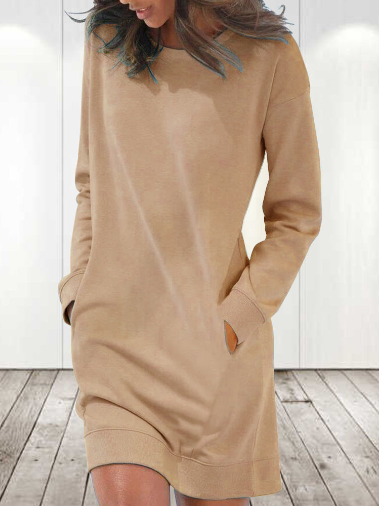 Amsoin Solid Crew Neck Long Sleeve Pocket Dress
