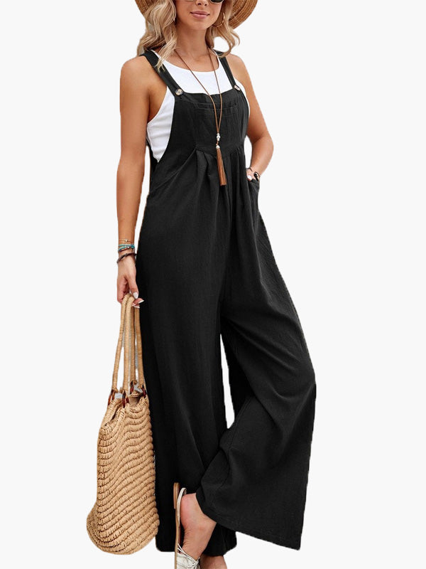 Amsoin Solid Pocket Wide Leg Casual Jumpsuit