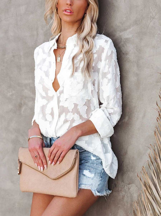 Amsoin Chiffon Jacquard Buttoned Shirt