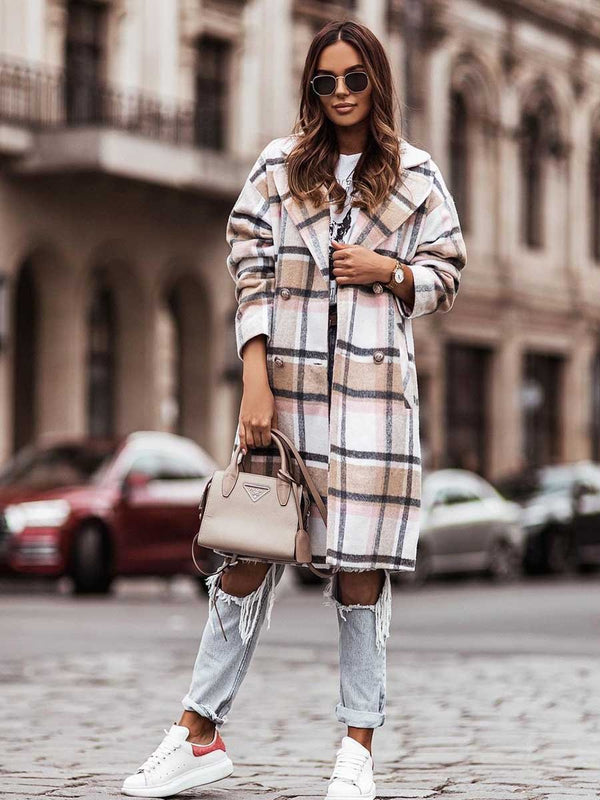 Amsoin Double-breasted Plaid Woolen Coat