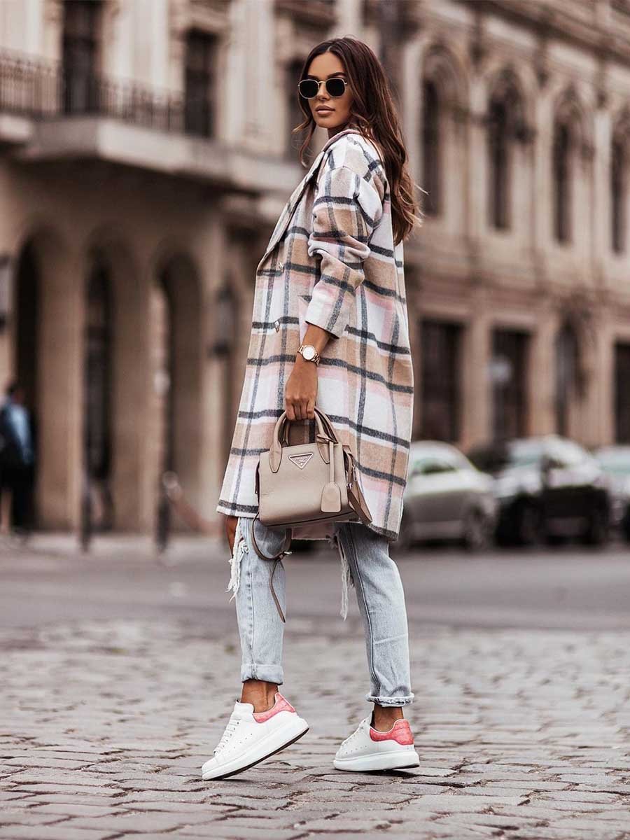 Amsoin Double-breasted Plaid Woolen Coat