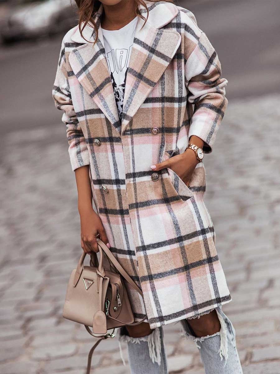 Amsoin Double-breasted Plaid Woolen Coat