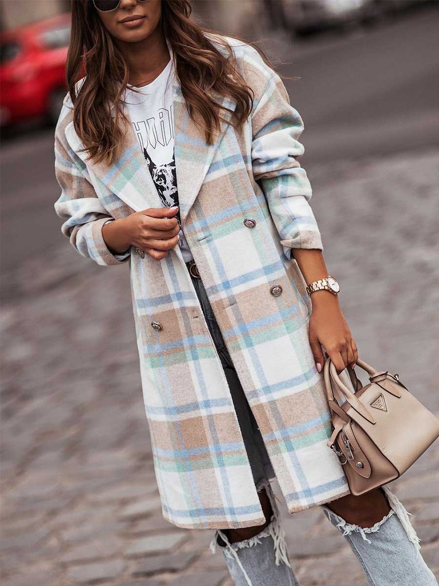 Amsoin Double-breasted Plaid Woolen Coat