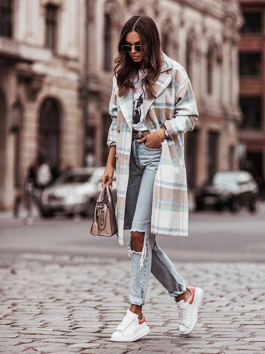 Amsoin Double-breasted Plaid Woolen Coat