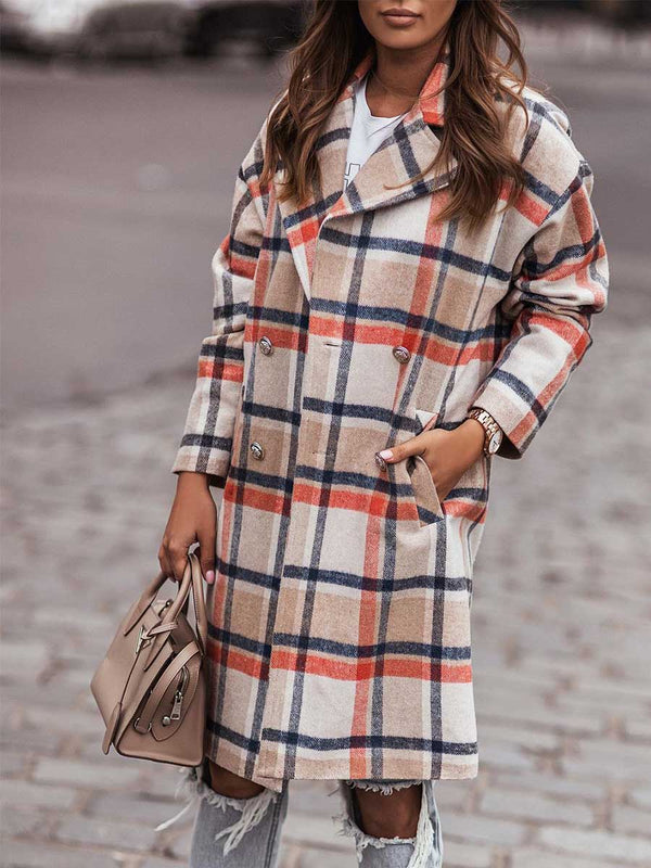 Amsoin Double-breasted Plaid Woolen Coat