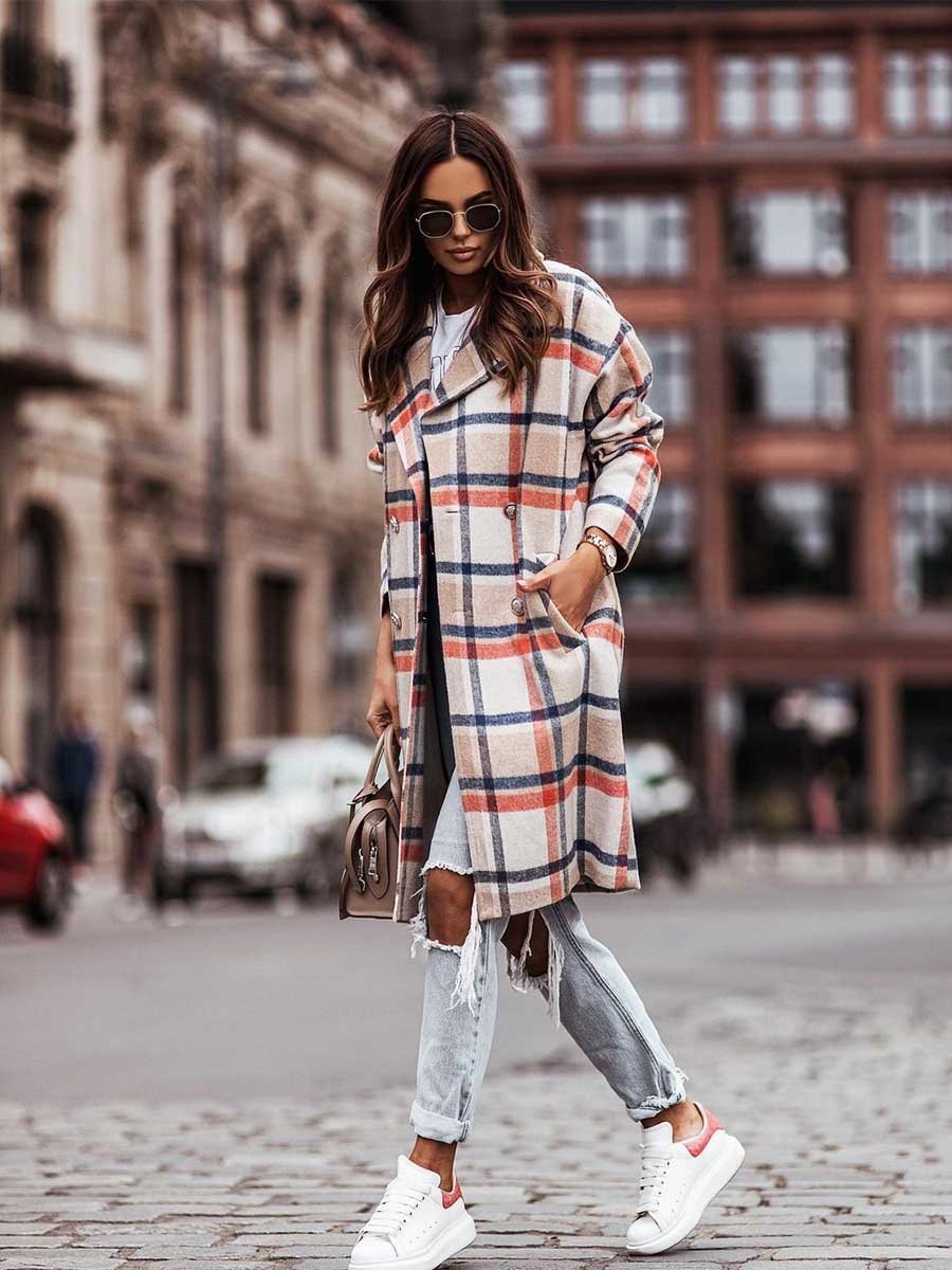 Amsoin Double-breasted Plaid Woolen Coat