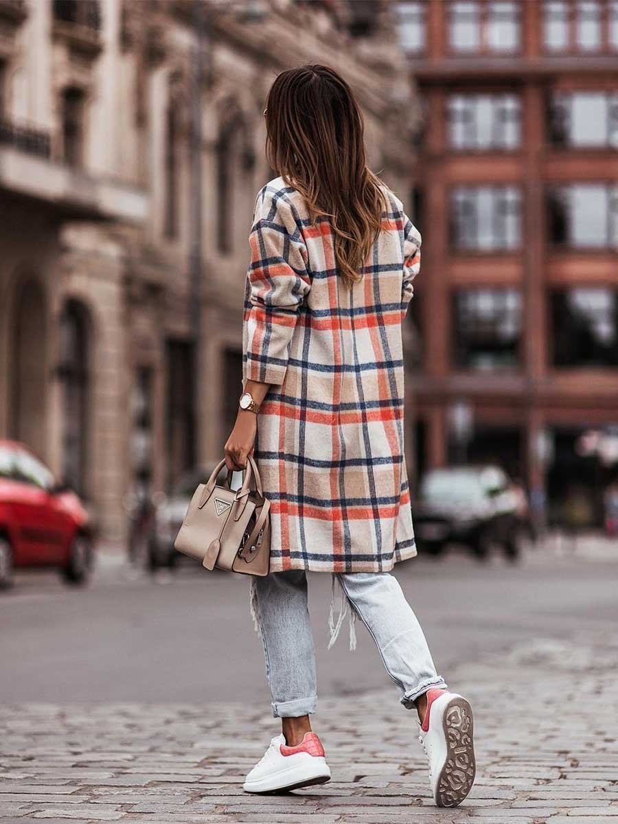 Amsoin Double-breasted Plaid Woolen Coat