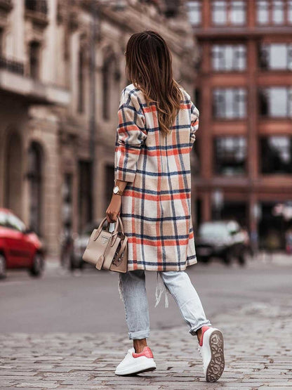 Amsoin Double-breasted Plaid Woolen Coat