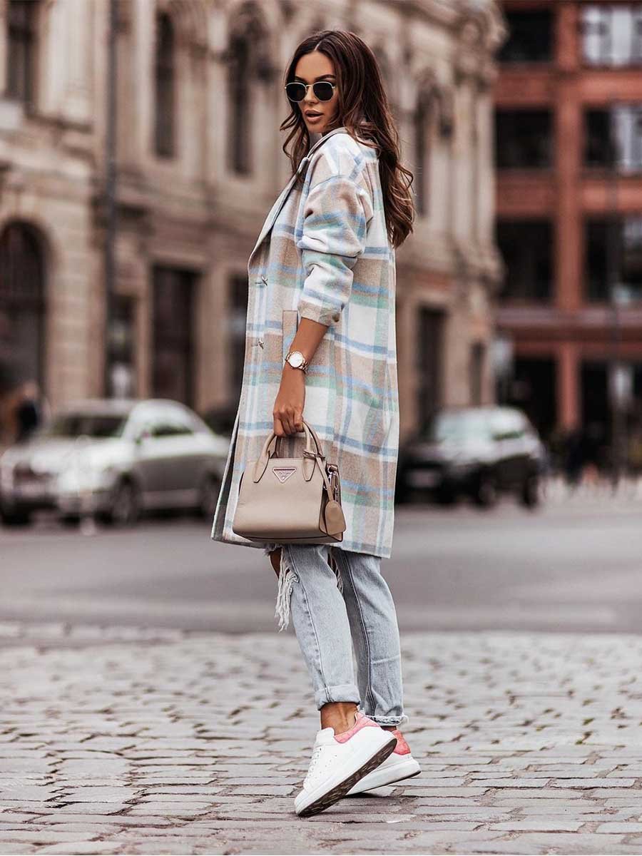 Amsoin Double-breasted Plaid Woolen Coat