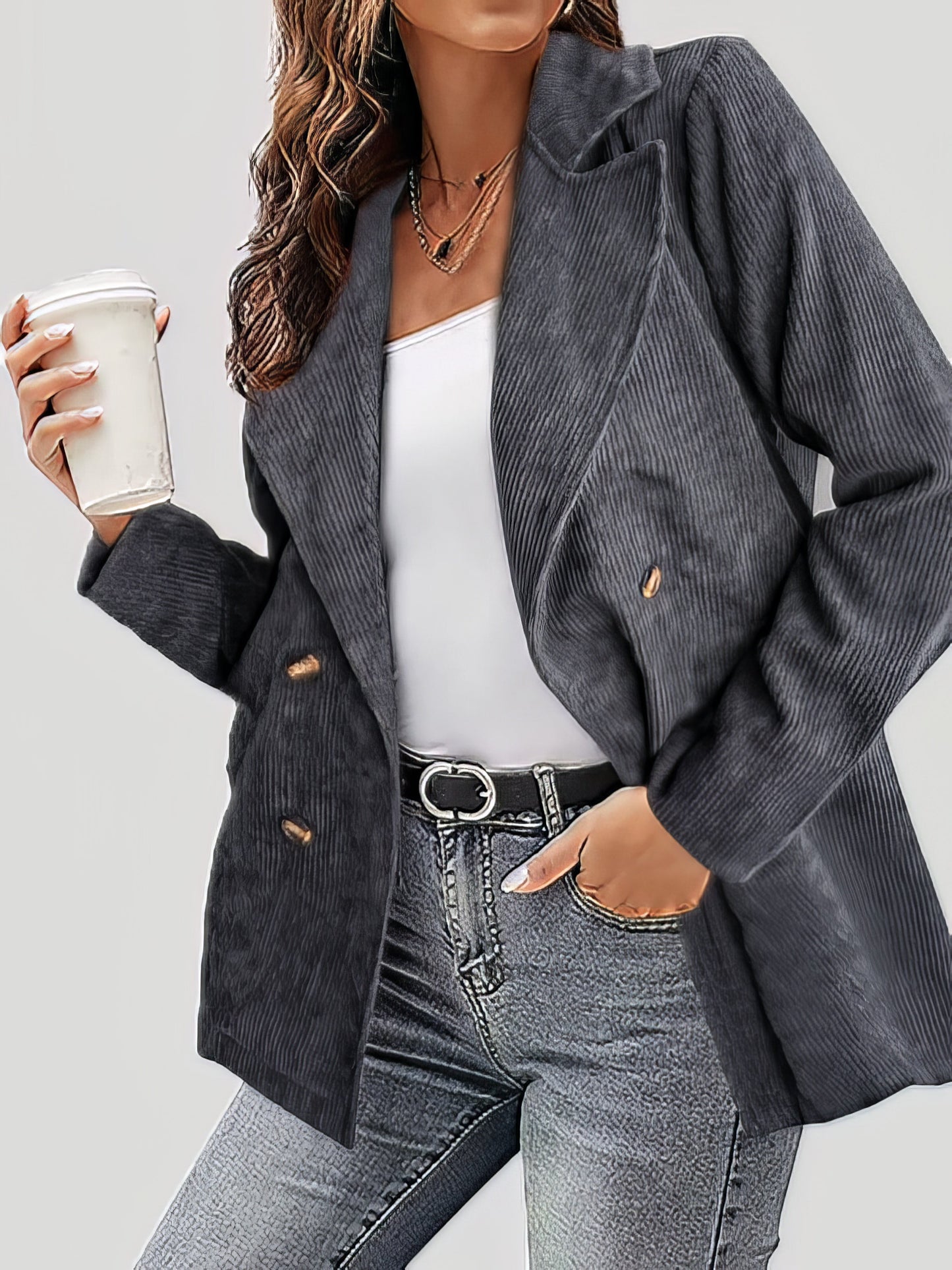 Jackets - Solid Corduroy Lapel Button Long Sleeve Jacket - MsDressly