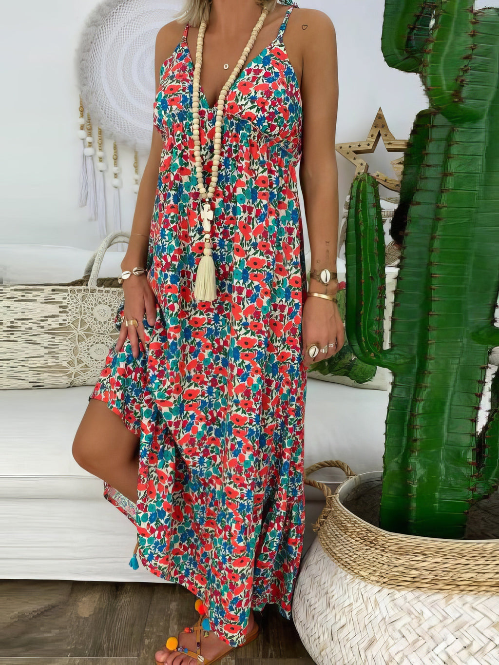 Maxi Dresses - Printed Sling V-Neck Maxi Dress - MsDressly