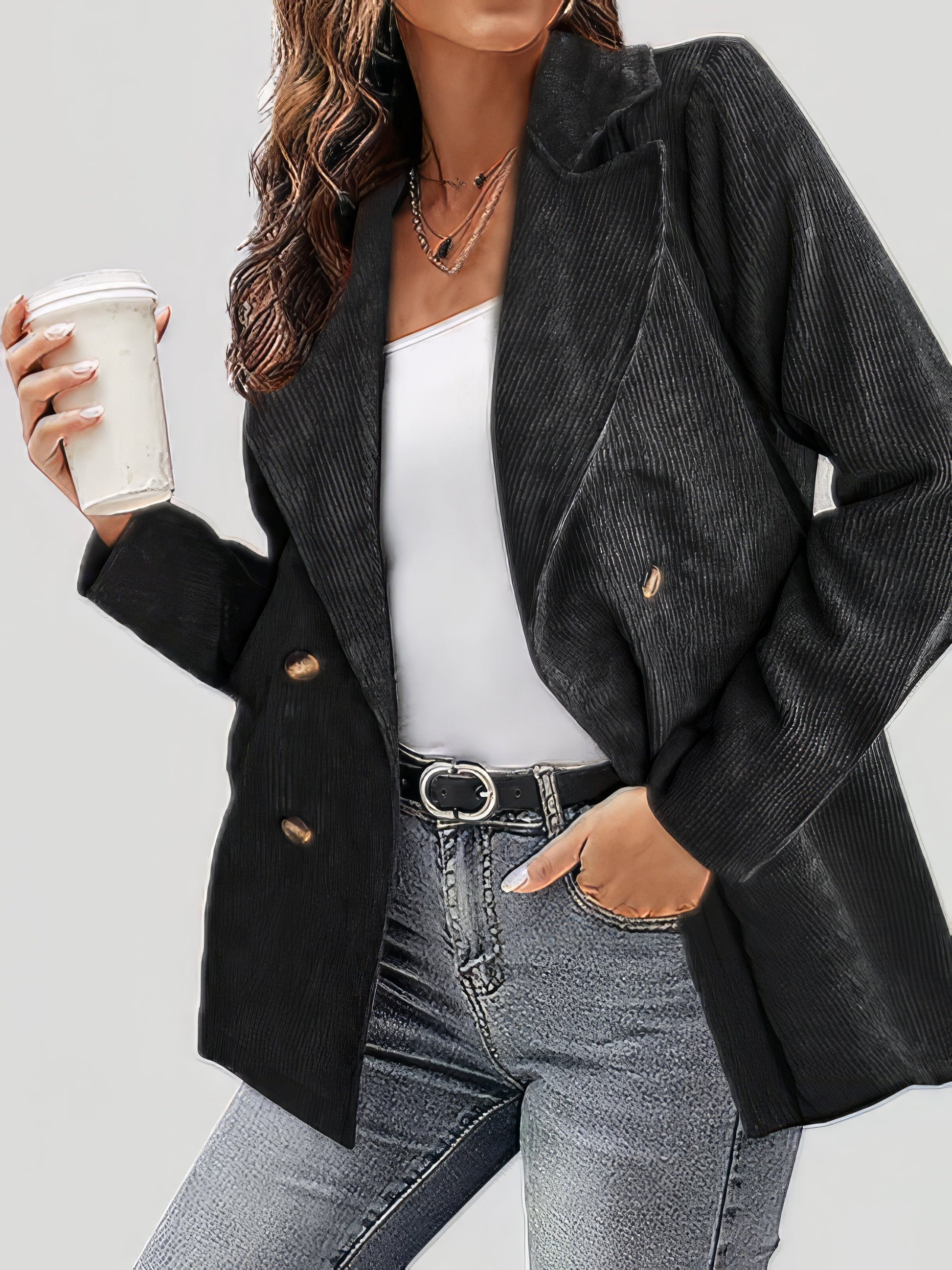 Jackets - Solid Corduroy Lapel Button Long Sleeve Jacket - MsDressly