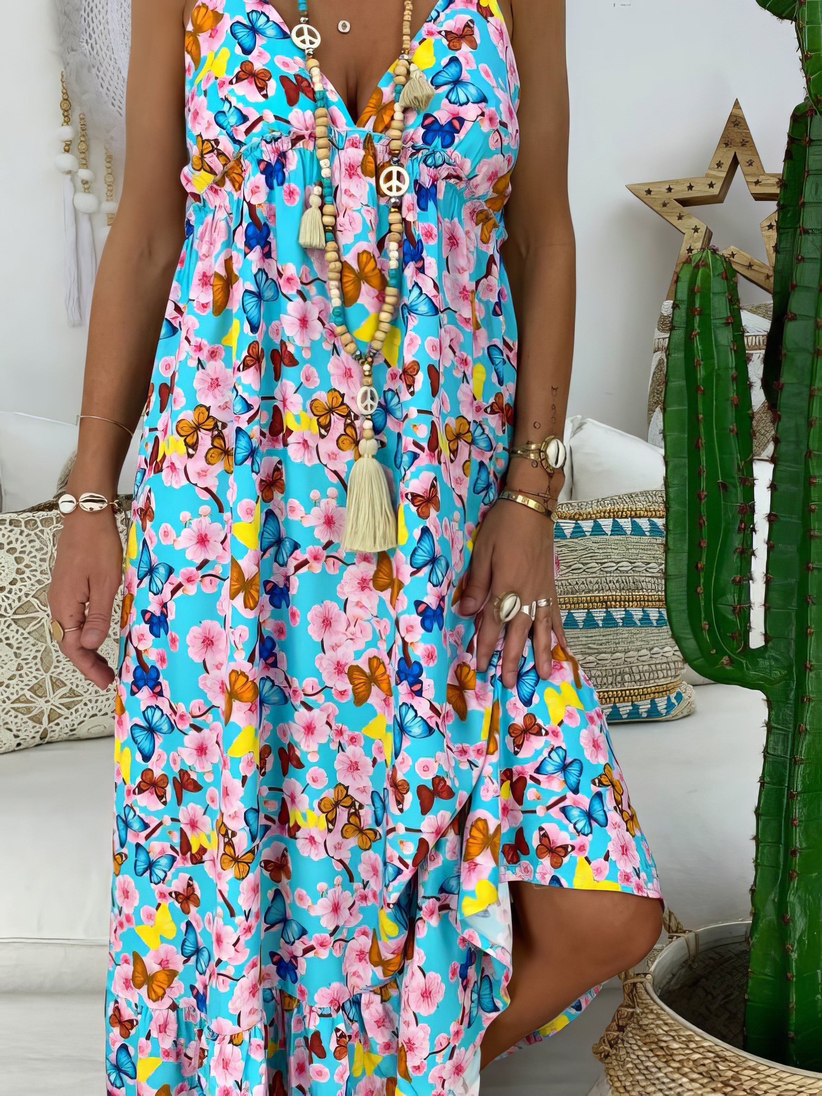 Maxi Dresses - Printed Sling V-Neck Maxi Dress - MsDressly