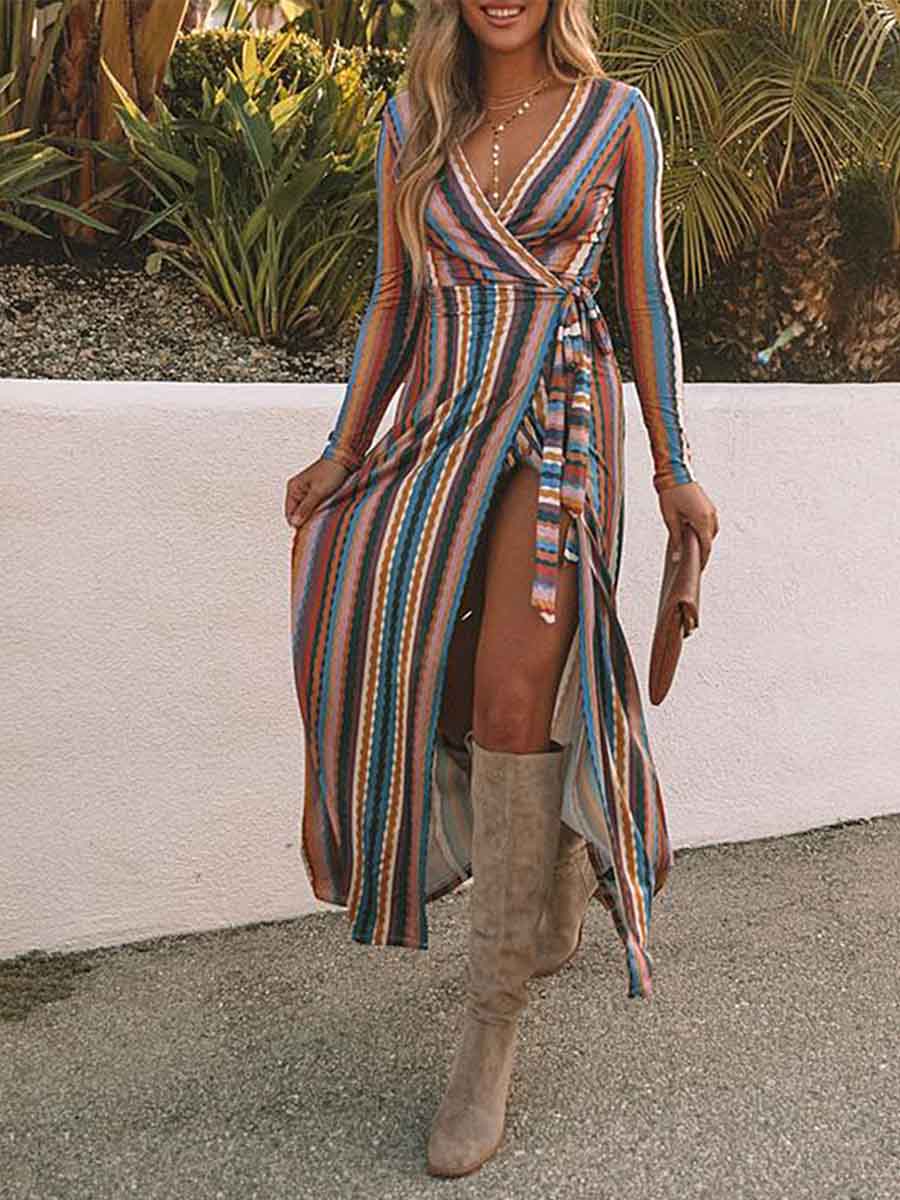 Amsoin Striped Print Slit Dress