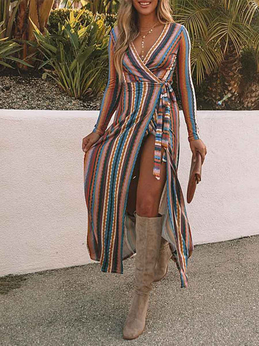 Amsoin Striped Print Slit Dress