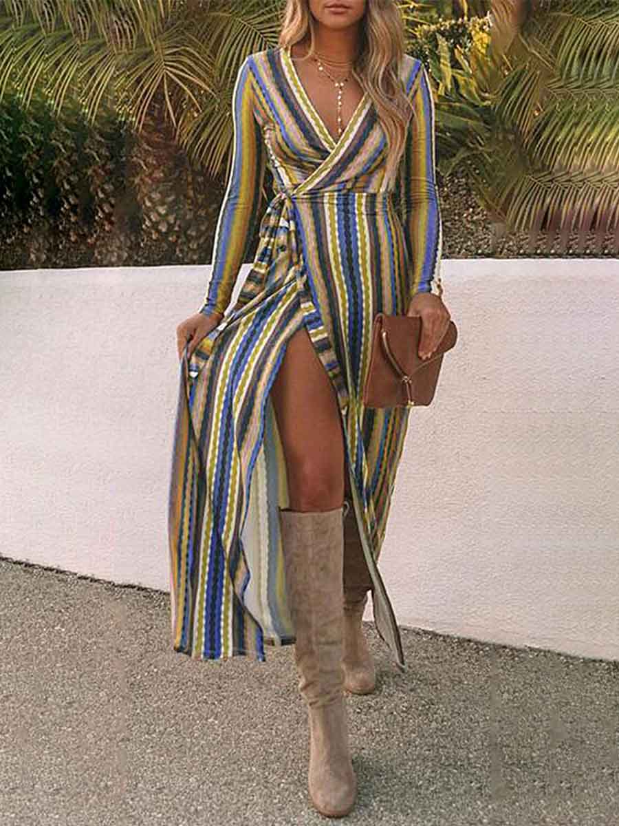 Amsoin Striped Print Slit Dress