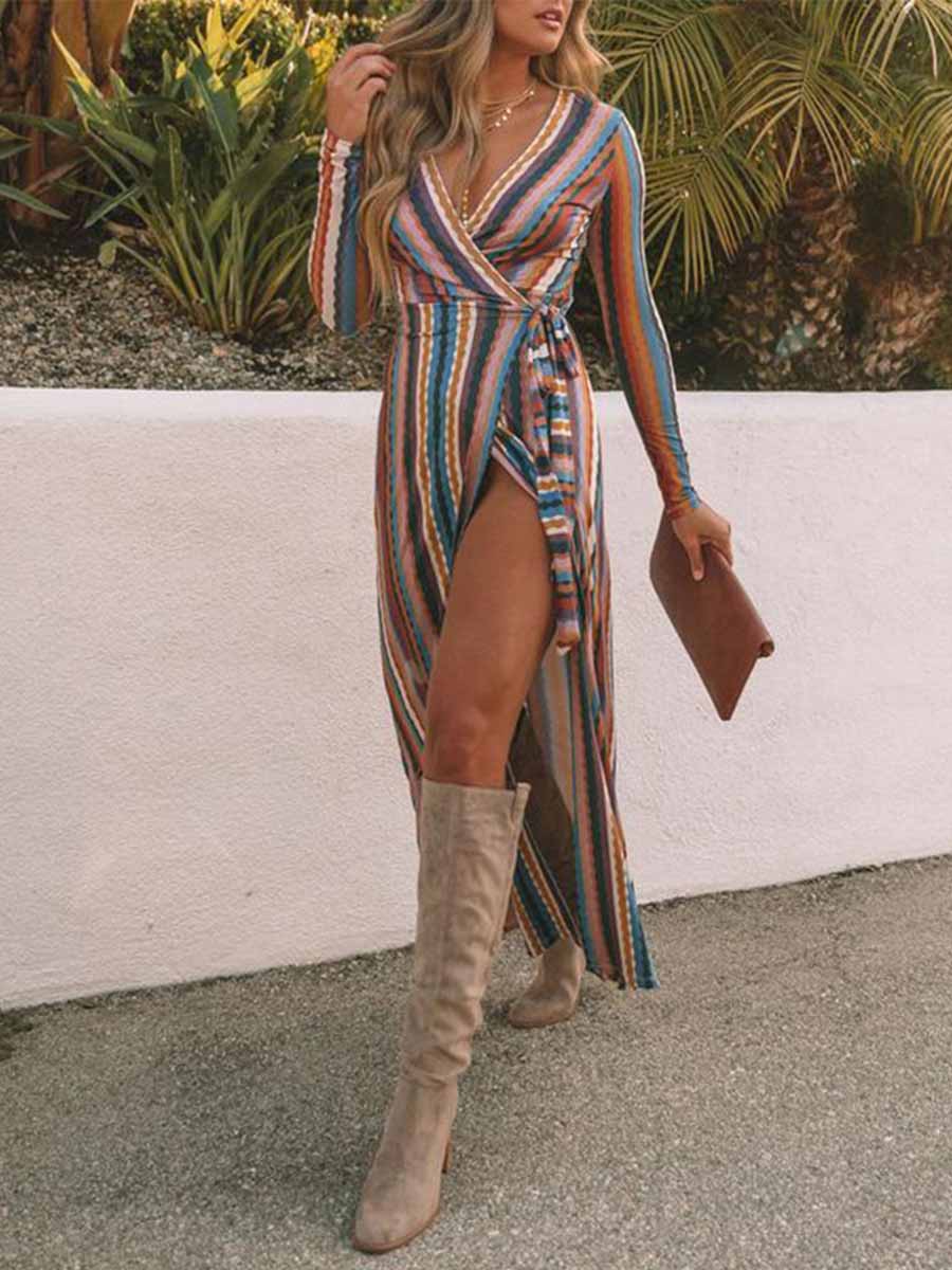 Amsoin Striped Print Slit Dress