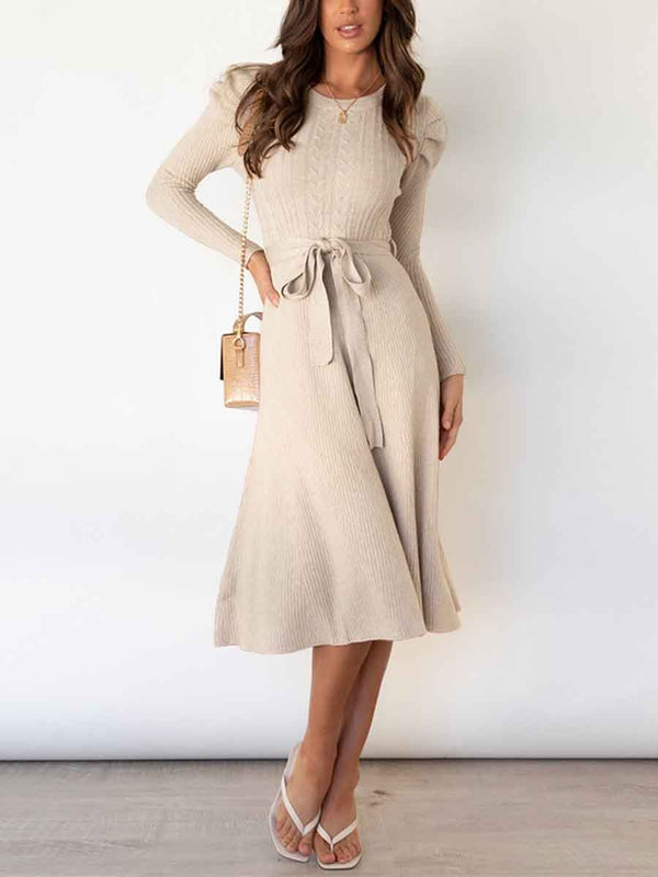 Amsoin Bubble Sleeve Belt Knit Dress