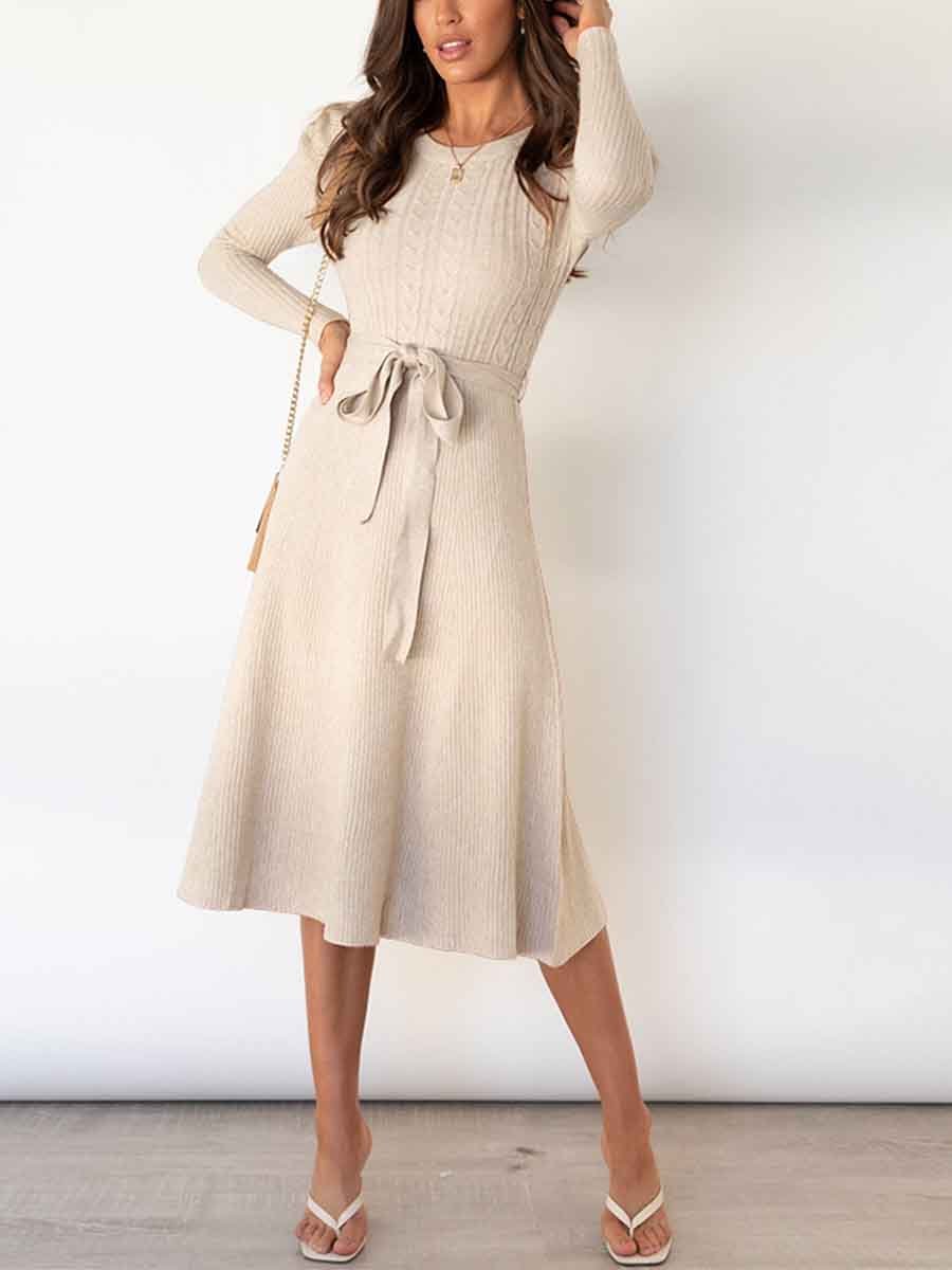 Amsoin Bubble Sleeve Belt Knit Dress