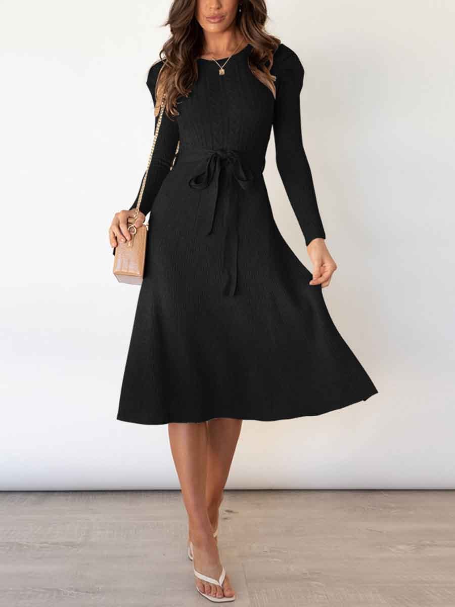 Amsoin Bubble Sleeve Belt Knit Dress