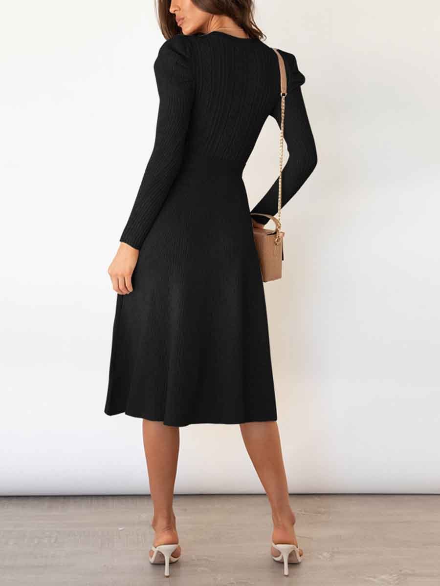 Amsoin Bubble Sleeve Belt Knit Dress