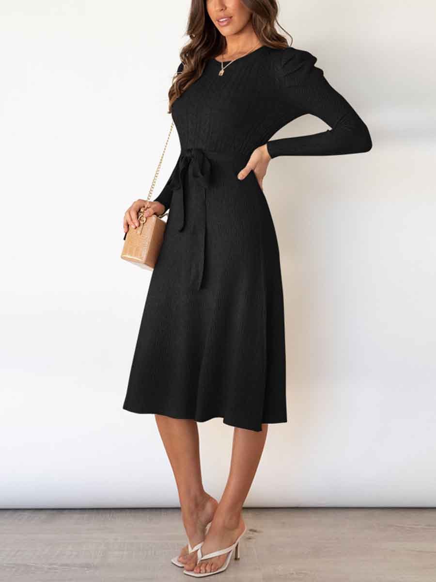 Amsoin Bubble Sleeve Belt Knit Dress