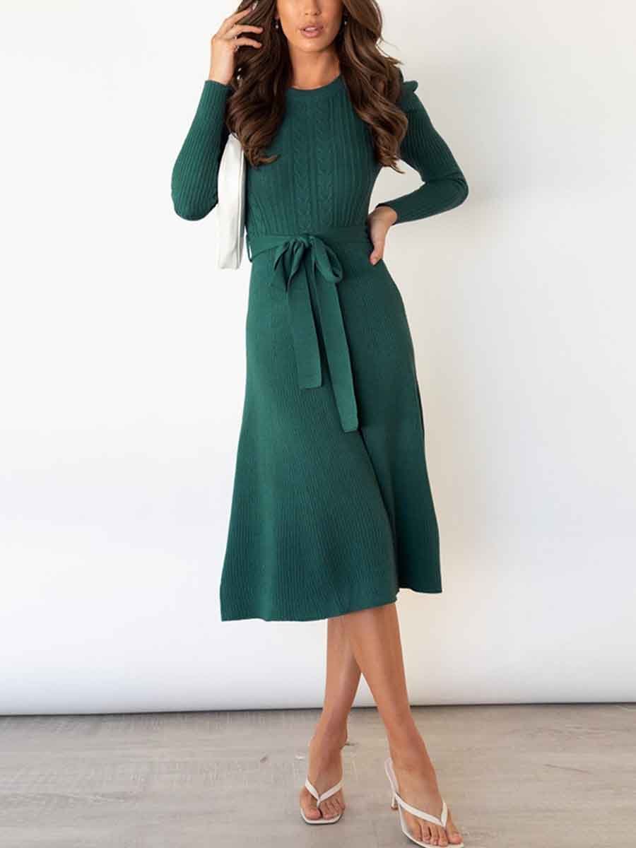 Amsoin Bubble Sleeve Belt Knit Dress