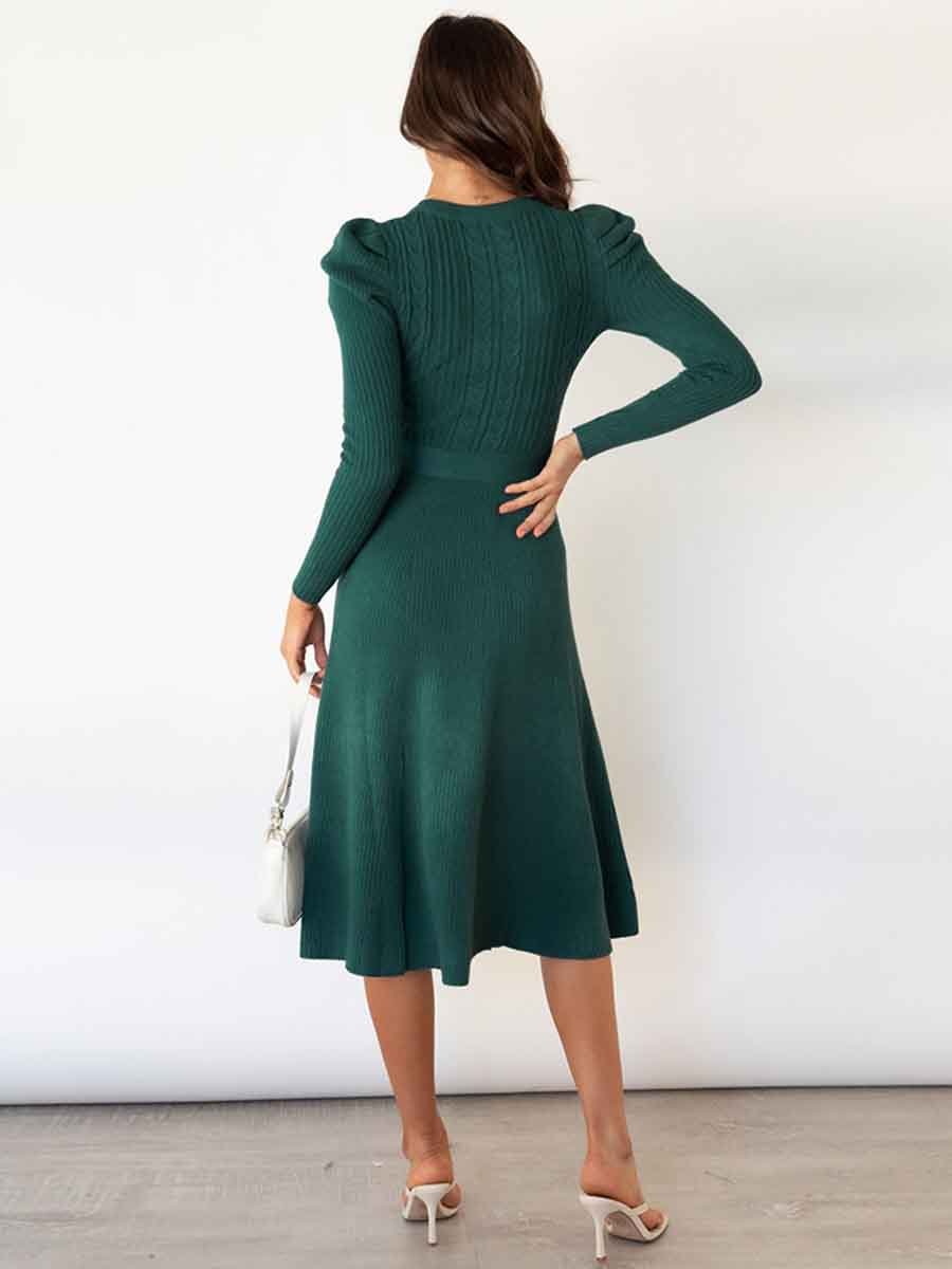 Amsoin Bubble Sleeve Belt Knit Dress