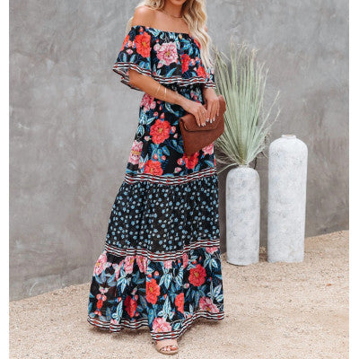 Amsoin Floral Print One-shoulder Mopping Dress