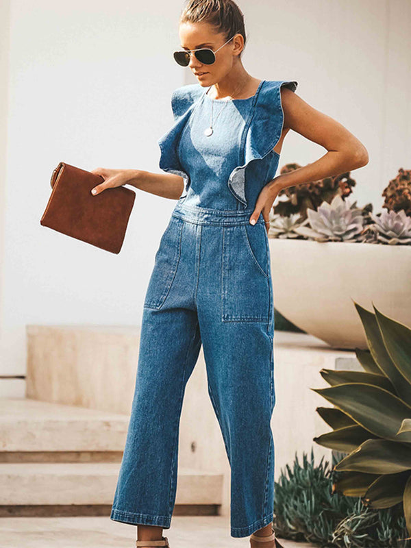 Amsoin O Neck Flouncing Denim Jumpsuit