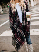 Amsoin Plaid Fringed Knit Shawl Coat