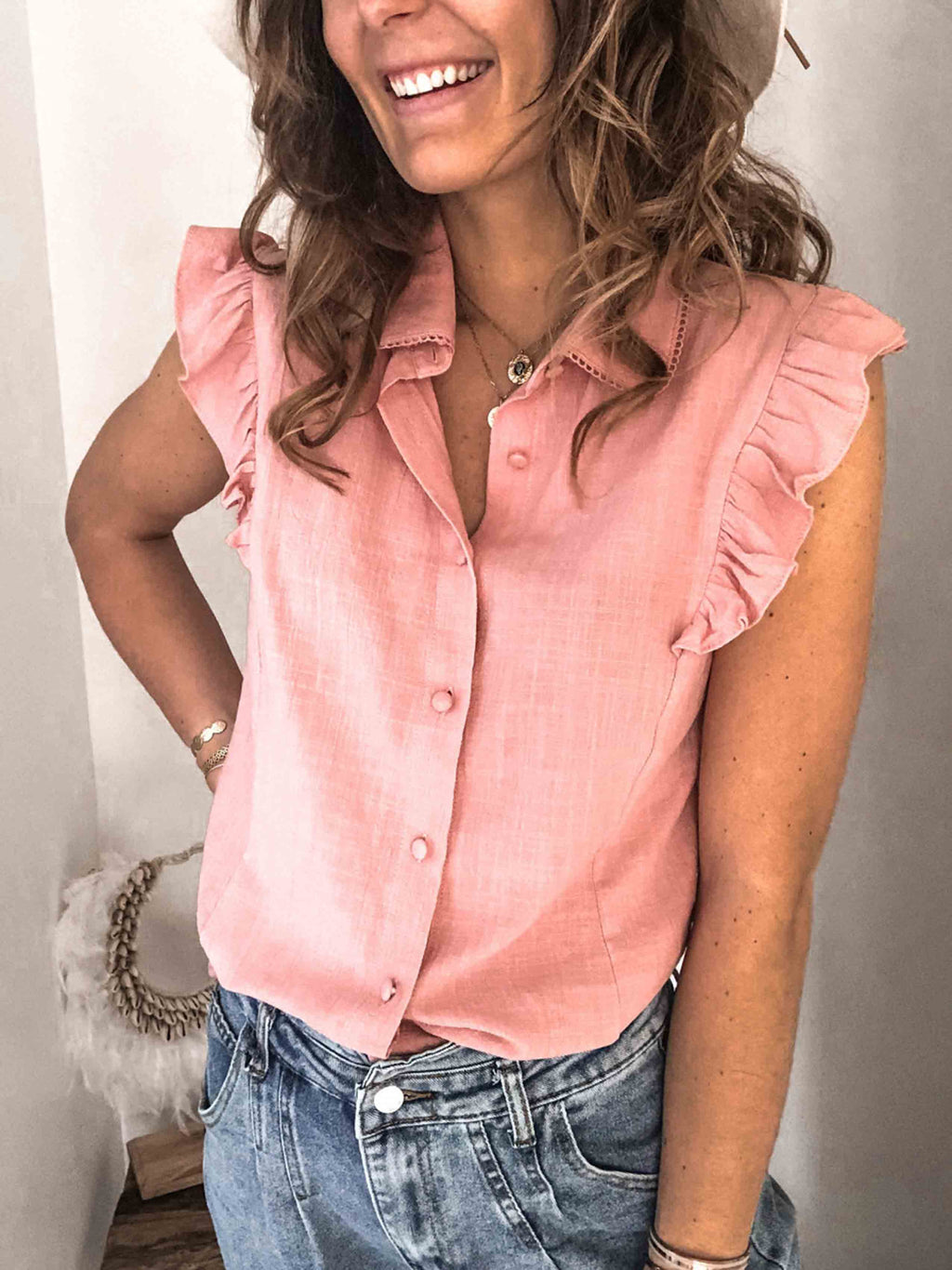 Amsoin Lapel Button Ruffled Shirt