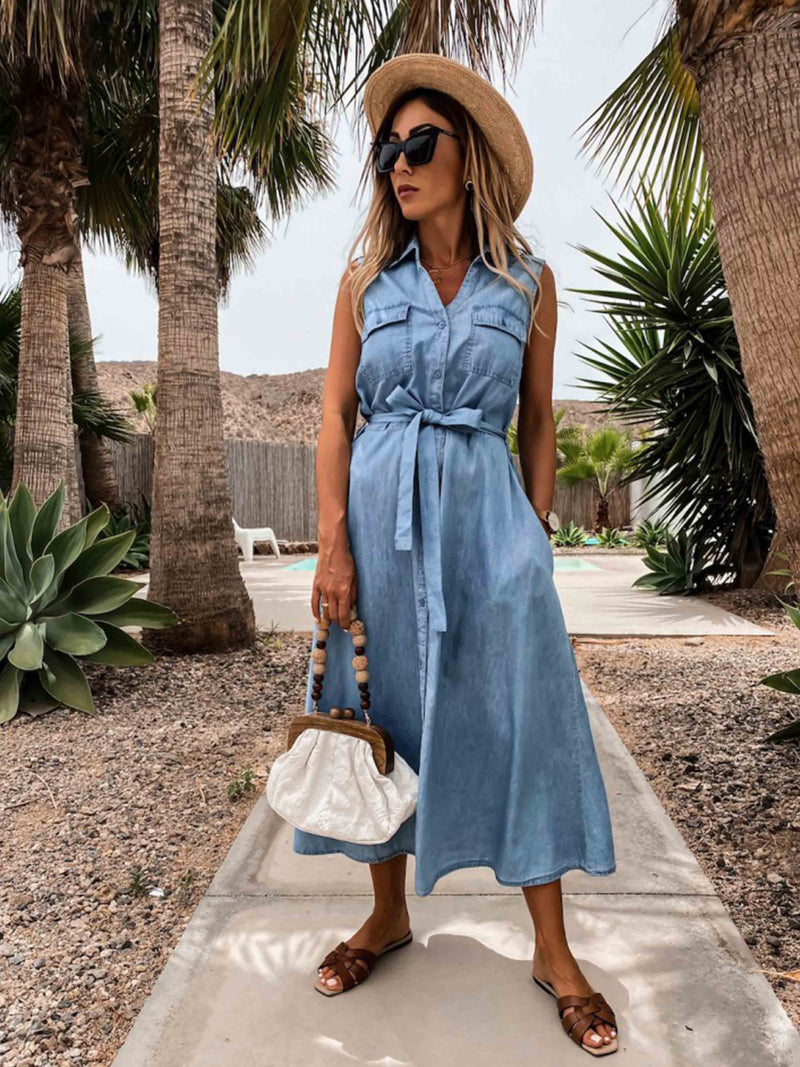 Amsoin Single-Breasted Denim Dress With Belt