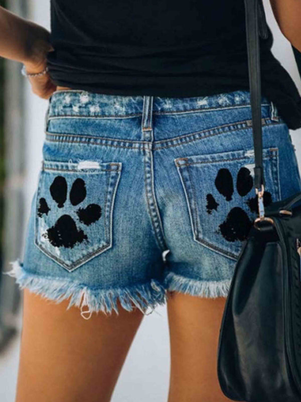 Amsoin Ripped Print Denim Shorts