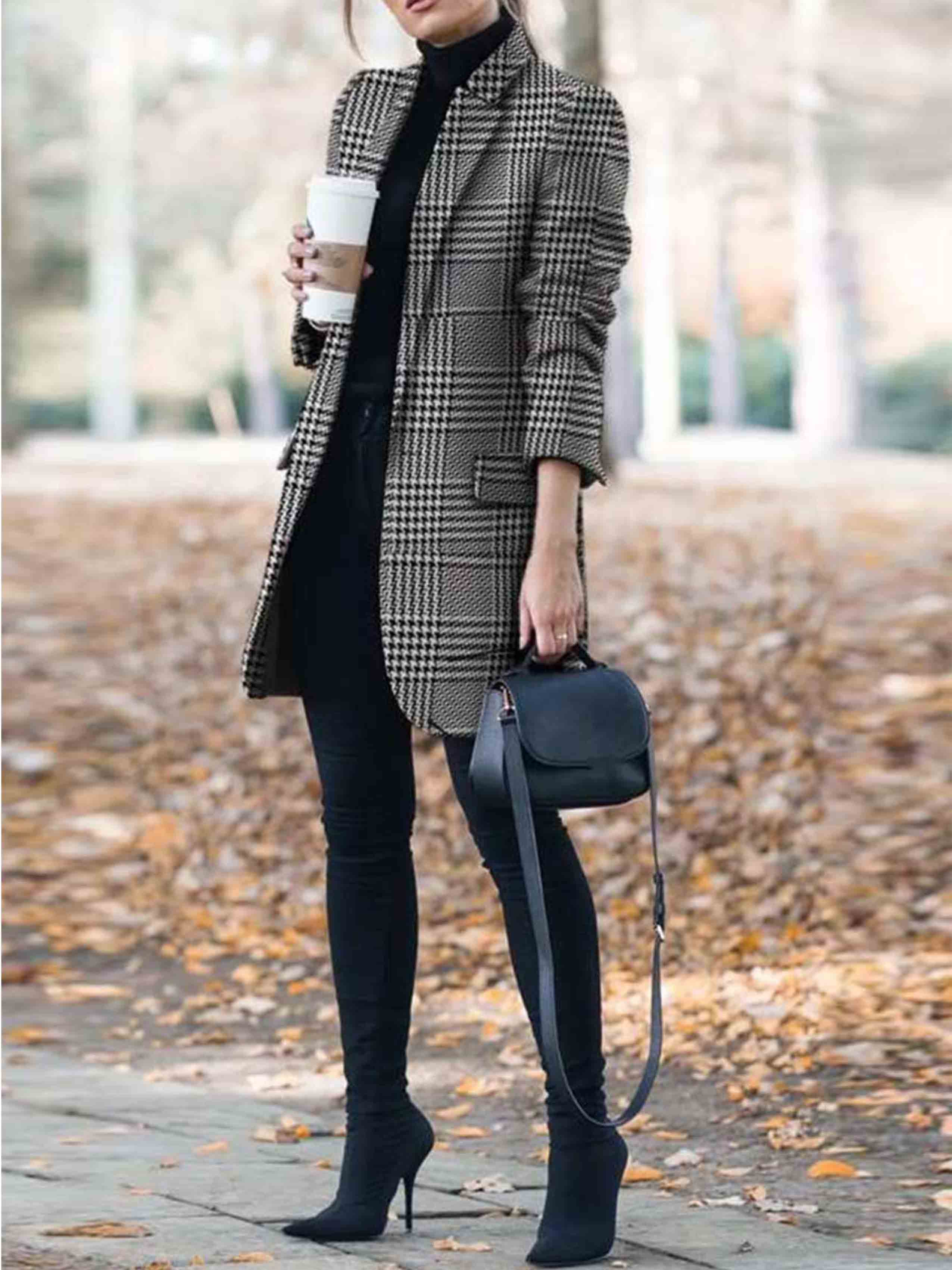 Amsoin Fashion check Print Coat
