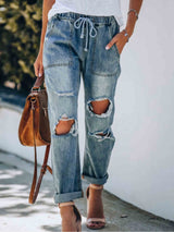 Amsoin ripped Lace-Up Jeans