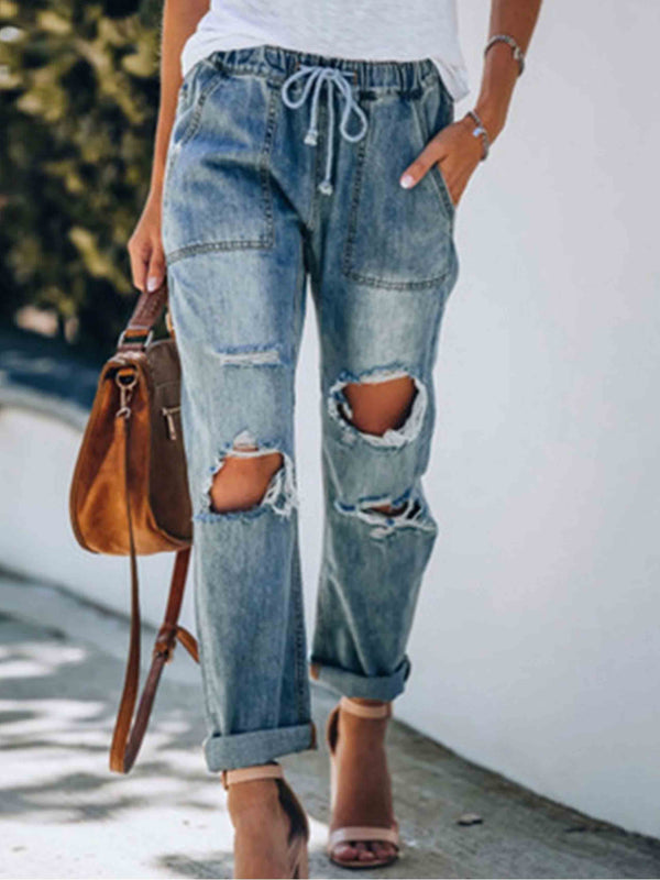 Amsoin ripped Lace-Up Jeans